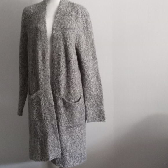 George Wool blend long wrap grey pouch pocket open cardigan sweater boho sz M - Picture 1 of 2